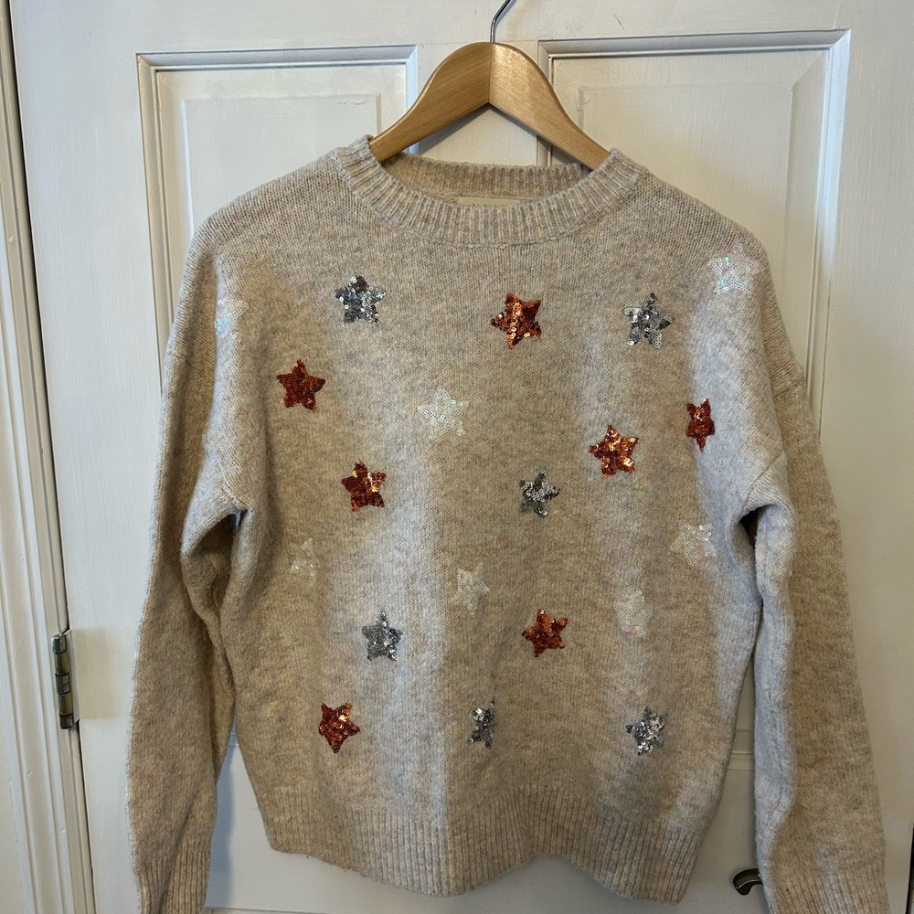 ILLA ILLA Beige Sweater with Glitter Sequin Star Accents